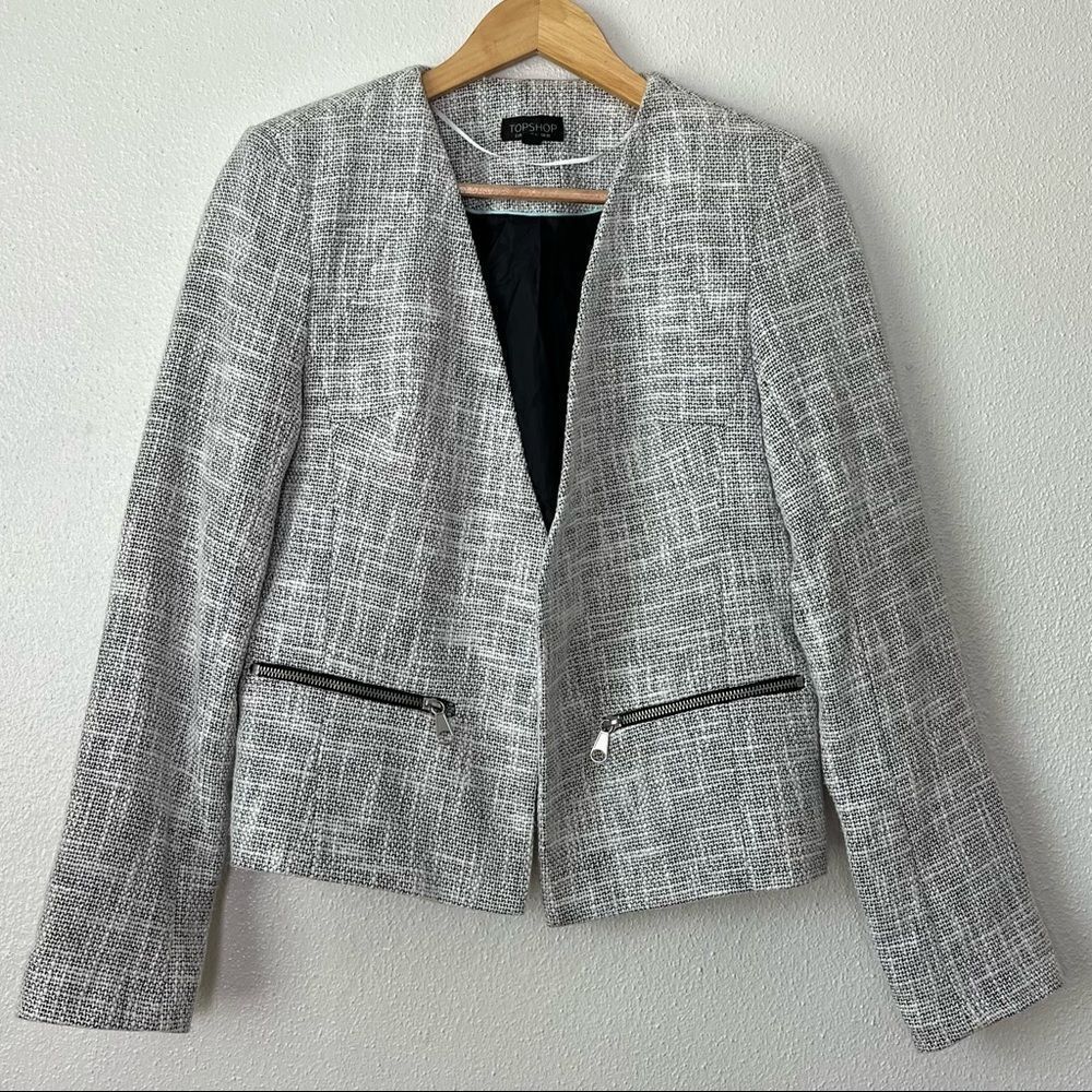 Topshop Tweed Open Jacket Size 6 Neutrals Career Professional Office Polished